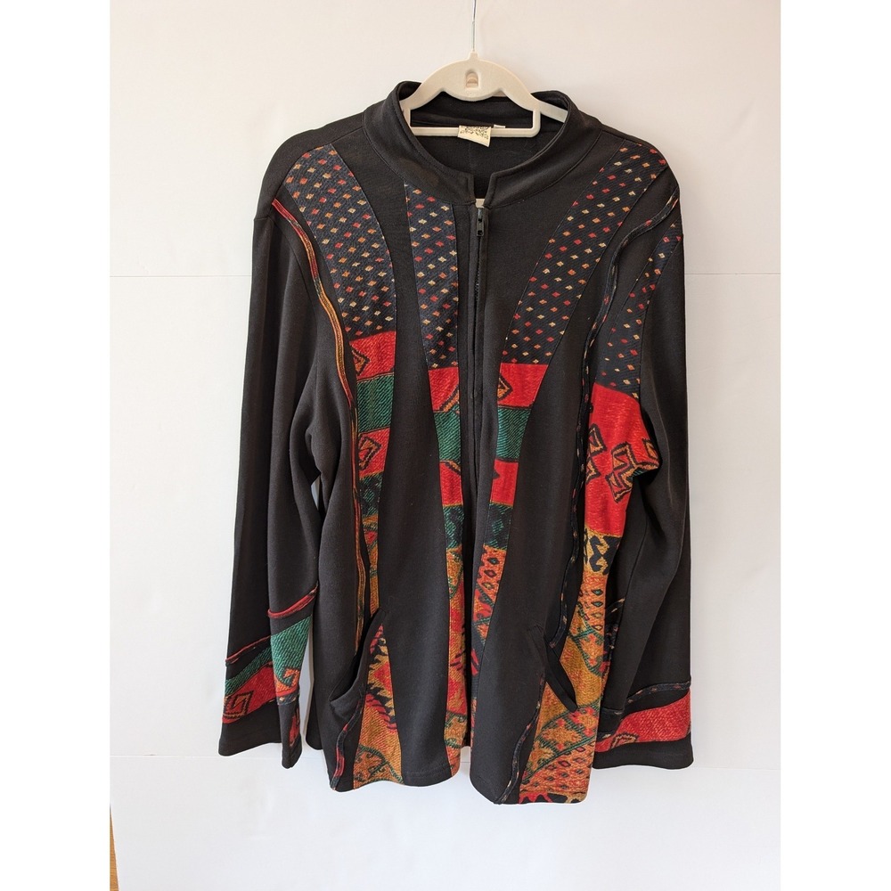 Parsley & Sage Womens XL Black Cotton Zip Up Jacket Southwestern Tapestry Mixed
